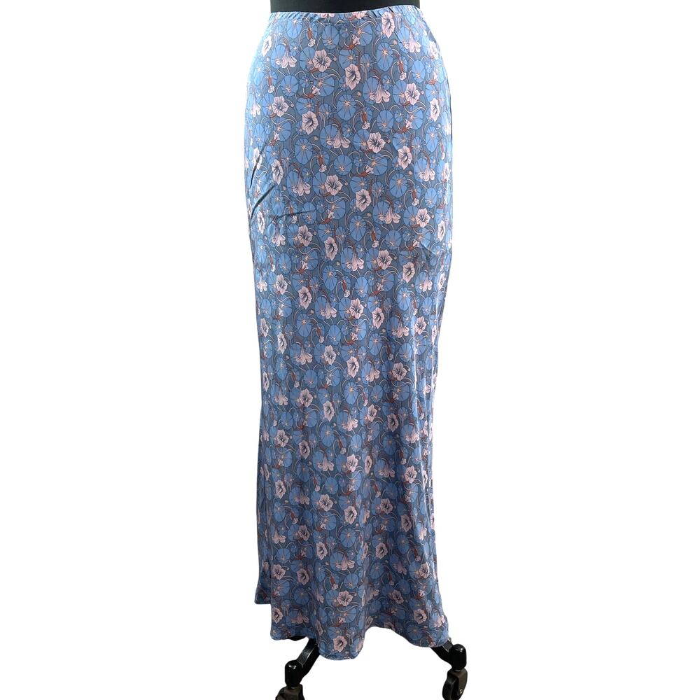 90s Y2K Tova Celine Blue Maxi Skirt Silk Floral Casual Party Cocktail Sz L Large